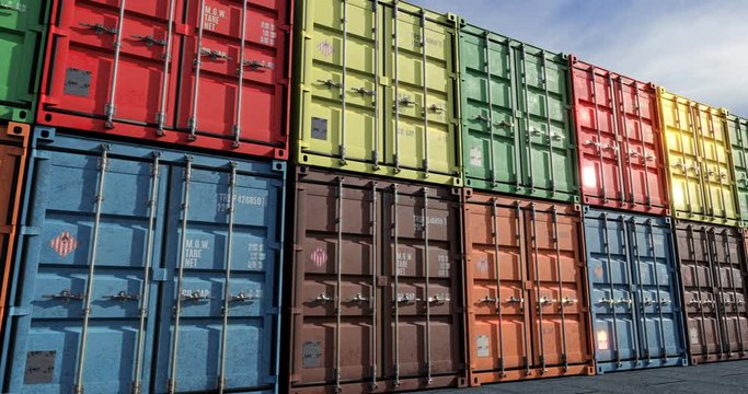 Rows of cargo shipping containers. Camera moving along cargo shipment containers painted in colors of different delivery transportation companies. Seamless loopable animation.