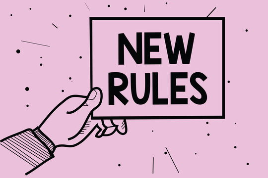Word writing text New Rules. Business concept for A state of changing an iplemented policy for better upgrade Man hand holding paper communicating information dotted purple background