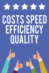 Text sign showing Costs Speed Efficiency Quality. Conceptual photo Efficient operation inputs outputs balance Men women hands thumbs up approval five stars information blue background