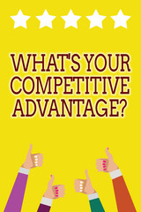 Conceptual hand writing showing What s is Your Competitive Advantage question. Business photo showcasing Marketing strategy Plan Men women hands thumbs up five stars yellow background