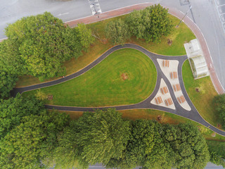 Aerial view, Picnic area in a park, Landscape design and modern technology in use.