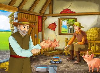 Obraz na płótnie Canvas Cartoon scene with two farmers ranchers or disguised prince and older farmer in the barn pigsty illustration for children