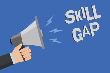 Word writing text Skill Gap. Business concept for Refering to a person's weakness or limitation of knowlege Man holding megaphone loudspeaker blue background message speaking loud