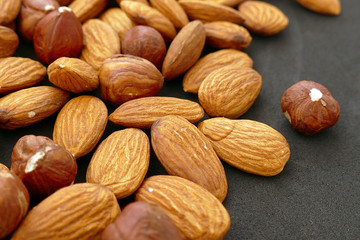 close-up of dry almonds, a handful of almonds, dry almond kernel,