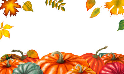 autumn background with bright leaves and pumpkins