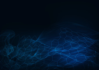 Futuristic glowing abstract dark blue background with honeycomb hexagons and wave lines.
