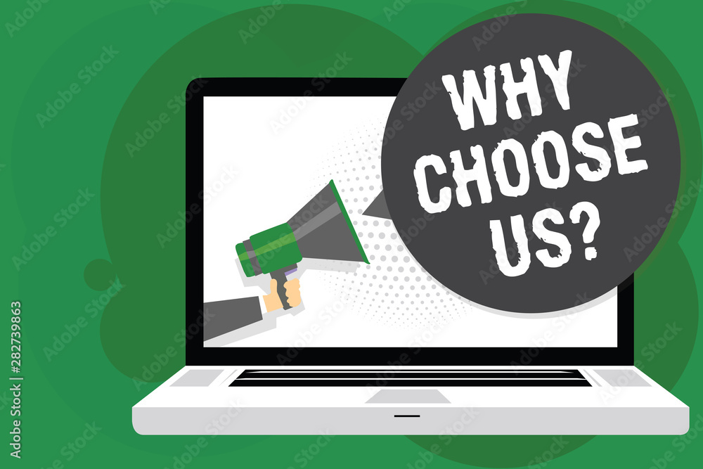 Aufkleber handwriting text why choose us question. concept meaning reasons for choosing our brand over others 