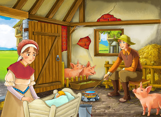 Obraz na płótnie Canvas Cartoon scene with farmer rancher or disguised prince and woman or wife in the barn pigsty illustration for children
