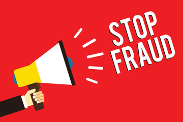 Word writing text Stop Fraud. Business concept for campaign advices people to watch out thier money transactions Man holding megaphone loudspeaker red background message speaking loud