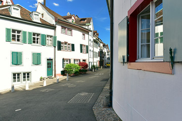 Old town. View of the Heuberg street with beautiful historical residential houses. City of Basel, Switzerland, Europe