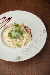 .pasta with chopped beefsteak and tomato