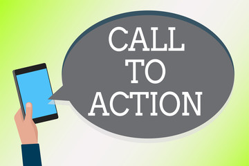 Fototapeta premium Word writing text Call To Action. Business concept for Encourage Decision Move to advance Successful strategy Man holding cell phone text chat message checking social media accounts