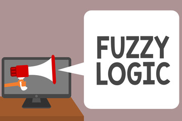 Word writing text Fuzzy Logic. Business concept for checks for extent of dirt and grease amount of soap and water Man holding Megaphone loudspeaker computer screen talking speech bubble