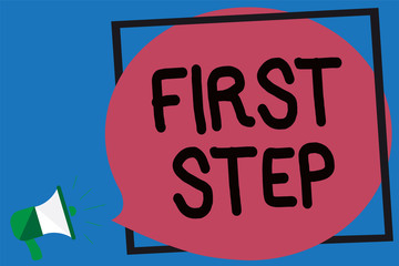 Conceptual hand writing showing First Step. Business photo showcasing Pertaining to the start of a certain process or beginning Megaphone loud screaming blue background frame speech bubble