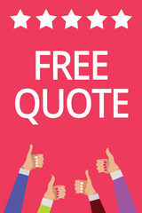 Word writing text Free Quote. Business concept for A brief phrase that is usualy has impotant message to convey Men women hands thumbs up approval five stars information pink background