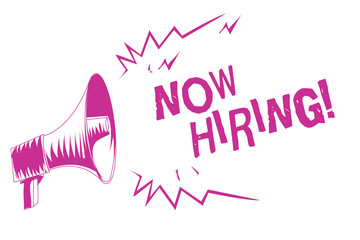 Word writing text Now Hiring. Business concept for announcing that certain company seeking for new talents Purple megaphone loudspeaker important message screaming speaking loud
