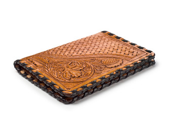 A brown leather wallet cover for money, passport closeup isolated white