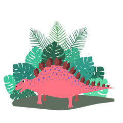 Cute, cartoon dinosaur stegosaurus on the background of bushes of tropical palm leaves. Vector illustration