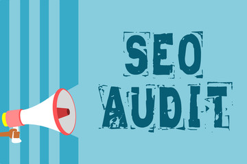 Text sign showing Seo Audit. Conceptual photo Search Engine Optimization validating and verifying process Megaphone loudspeaker blue stripes important message speaking out loud