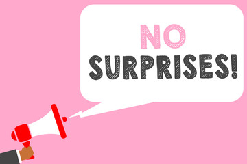 Text sign showing No Surprises. Conceptual photo Presupposed Eventual Destined Traditional Set The Usual Man holding megaphone loudspeaker speech bubble message speaking loud