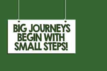 Writing note showing Big Journeys Begin With Small Steps. Business photo showcasing One step at a time to reach your goals Hanging board message communication open close sign green background