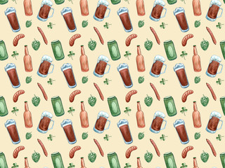 Beer icons seamless pattern hop branch, wooden barrel, glass of beer, beer can, bottle cap, beer mug, barley . Oktoberfest background.