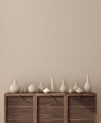 Vases on chest of drawers close up near wall, wall mock up, 3d render