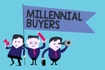 Conceptual hand writing showing Millennial Buyers. Business photo text Type of consumers that are interested in trending products.
