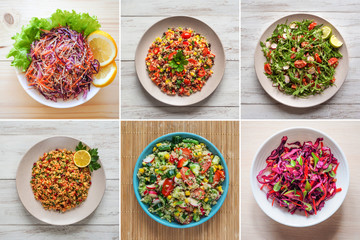 collage with of salads dishes of world cuisine