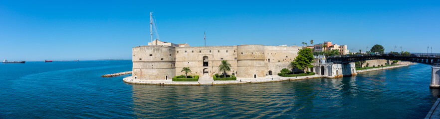 Panoramic View of the Fountain in the middle of Ebalia Square in the Center of Taranto, in the South of Italy in a Sunny Day of August