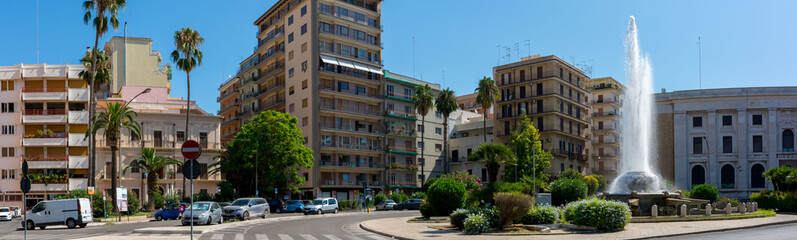 Panoramic View of the Fountain in the middle of Ebalia Square in the Center of Taranto, in the South of Italy