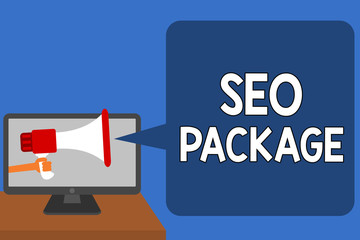 Handwriting text Seo Package. Concept meaning practice of search engine optimization increase amount visitors Man holding Megaphone loudspeaker computer screen talking speech bubble
