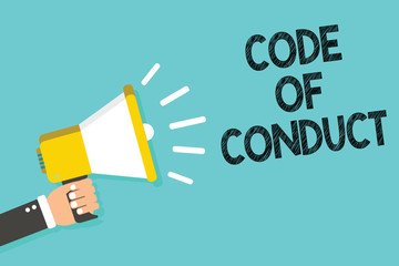 Writing note showing Code Of Conduct. Business photo showcasing Ethics rules moral codes ethical principles values respect Man holding megaphone loudspeaker blue background message speaking