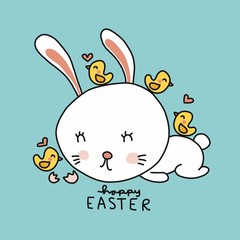 White rabbit and small birds, Happy Easter cartoon vector illustration doodle style