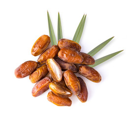 dried date palm with leaf isolated on white background. top view