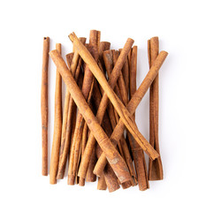 Cinnamon sticks isolated on white background. Top view