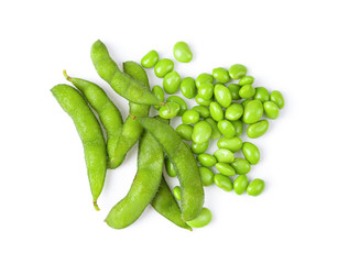 Green soy beans  on white background top view.