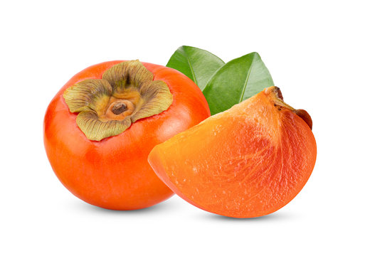 fresh ripe persimmons with leaf isolated on white background. full depth of field
