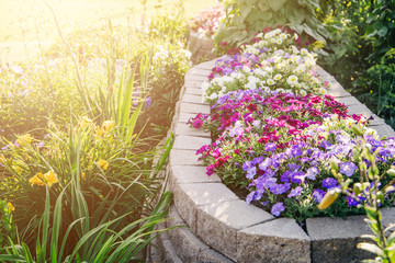 Fototapeta na wymiar home house curb appeal Flower beds garden Blooming in the Spring Summer at a home 