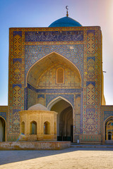 Front view of madrassa in Bukhara, Uzbekistan
