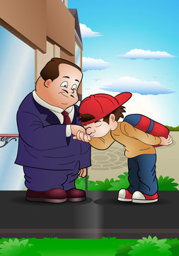 illustration of a boy traveling ask permition from father