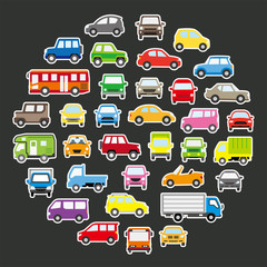 色々な車のサークル状アイコンギャラリー(ポップカラー)白フチ