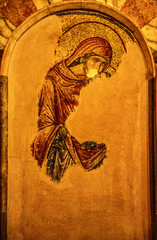 Mural has been partially restored after being covered at the Chora Church in Istanbul, Turkey for...