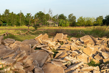 View of the concrete debris pile in the countryside.