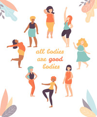 Women of different height, figure type and size dresses. Modern female flat vector characters design. Body positive movement and beauty diversity.
