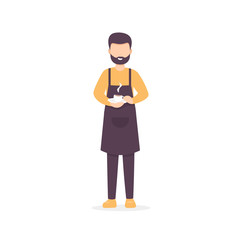 Restaurant staff character barista holding a cup of coffee. Flat vector illustration isolated on white background.