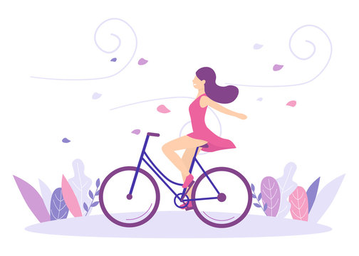 Pretty young girl in dress riding a bike, wind and leaves in the face, flat vector concept illustration.