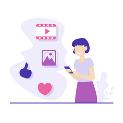 Business concept flat illustration. Girl holds phone and uses social networks. - Vector