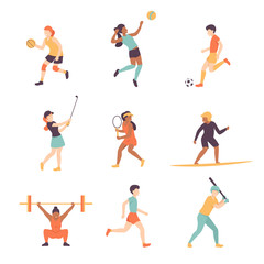 Professional sport activities set. Men Women sportsmen characters Basketball, Volleyball, Football, Golf, Tennis, Surfing, Weightlifting, Athletics, Baseball. Flat isolated vector illustration.
