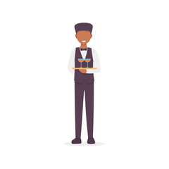 Restaurant staff character waiter man holding cocktails. Flat vector illustration isolated on white background.